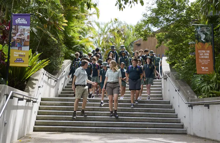 Group of school students walking down entry steps at Taronga Zoo led by Taronga's educators