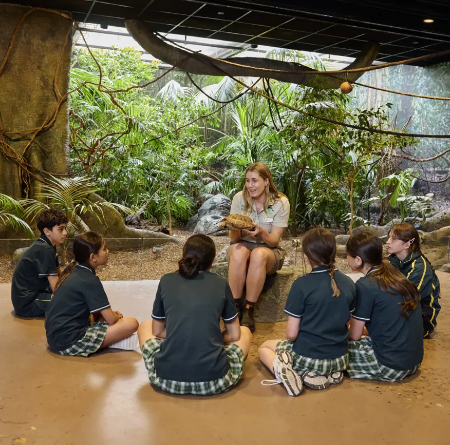 Children in a classroom listening to a teacher with greenery in background.