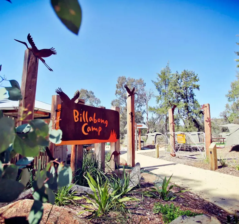 Entrance sign of Billabong Campsite at Taronga Western Plains Zoo