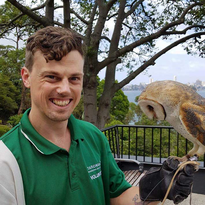 Volunteer Chris with a Barn Owl