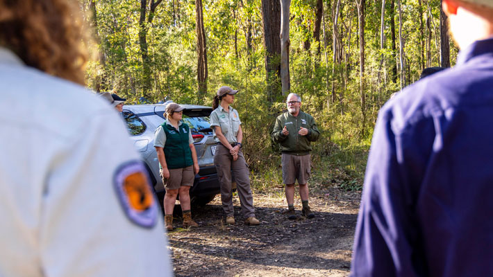 Regent Honeyeater Release - Leonie Pascua Taronga Western Plains Keeper, Kara Stevens, Taronga Western Plains Keeper, Michael Shiels, Unit Supervisor of Birds at Taronga Zoo. Photo: Harry Vincent