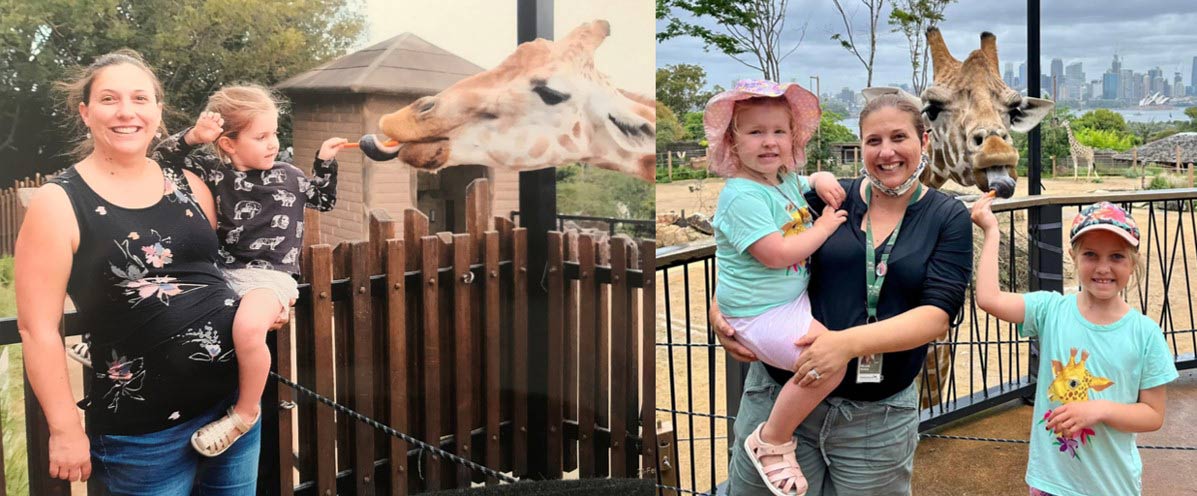 Giraffe feed - then and now! Left: 2018 A pregnant Nic with daughter Lexi. Right: 2022 Nic with daughters Lexi and Abbey