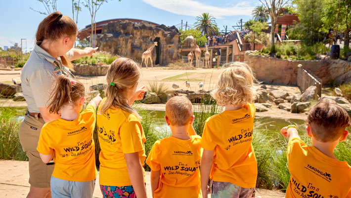 Kids exploring the African Savannah spotting Giraffes