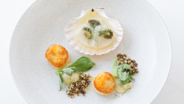 Signature dish of MSC Certified smoked scallops.