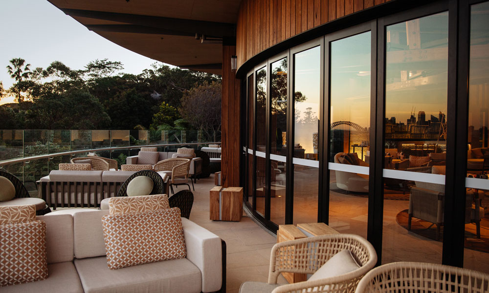 N'Gurra Lounge balcony at dusk at the Wildlife Retreat at Taronga.