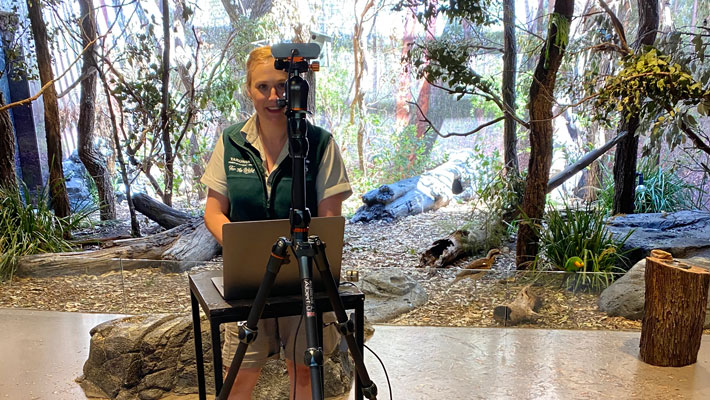 Education Officer, Georgie Cairns, hosting a Virtual Zoo Lesson from the Woodlands immersive Habitat Classroom at Taronga Zoo Sydney.